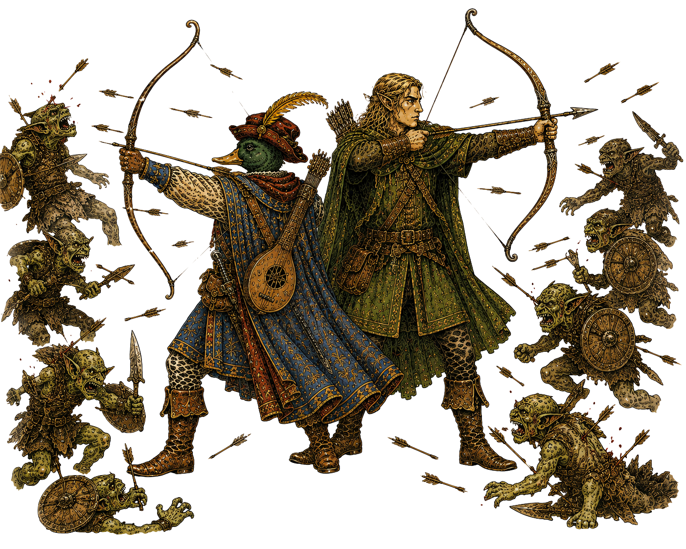 Freddy und der Einsame Wanderer entfachen einen Sturm aus Pfeilen.