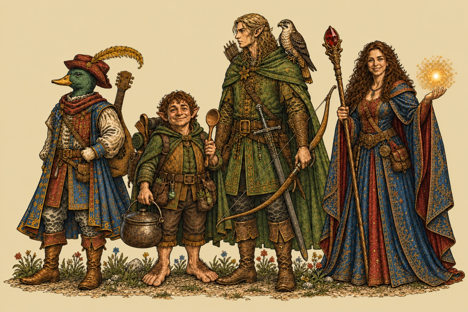 Freddy Freudenreich, der Einsame Wanderer, Milo und Alfina Shadowleaf.