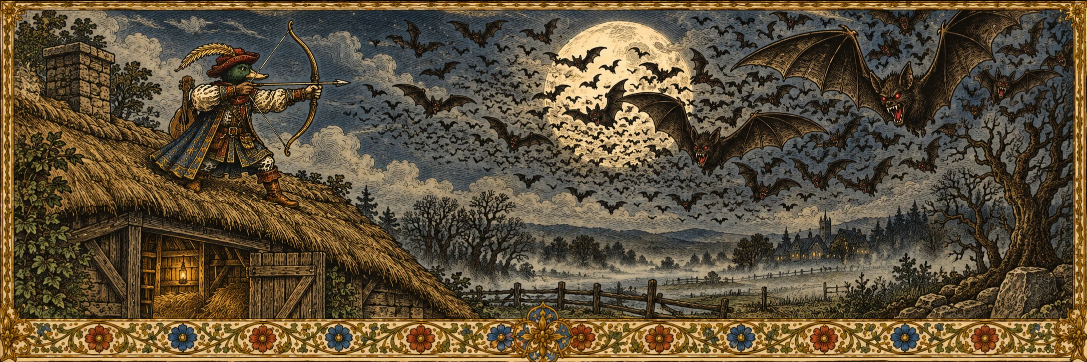 Freddy verteidigt die Scheune mit seinem Bogen gegen Vampirfledermäuse vor dem Vollmond.